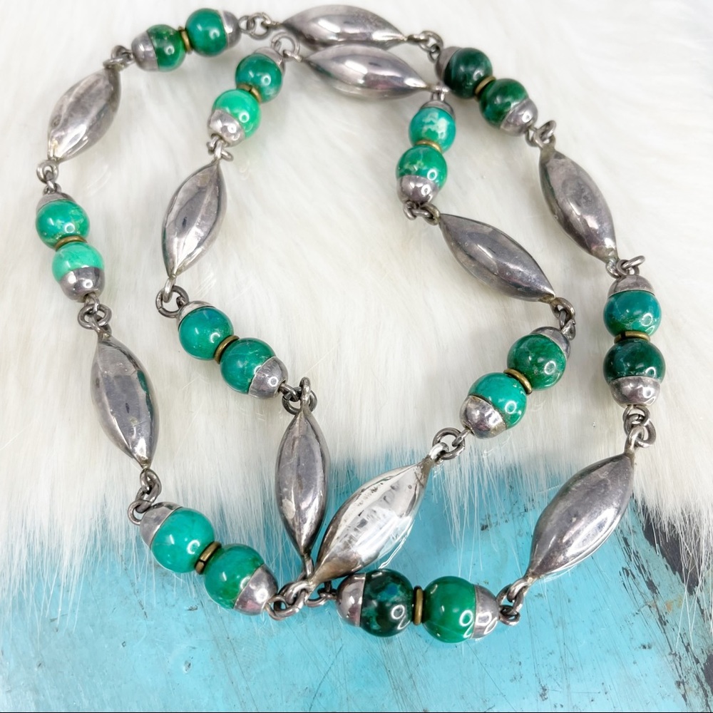 Vintage 925 Sterling Silver Link Green Malachite Necklace